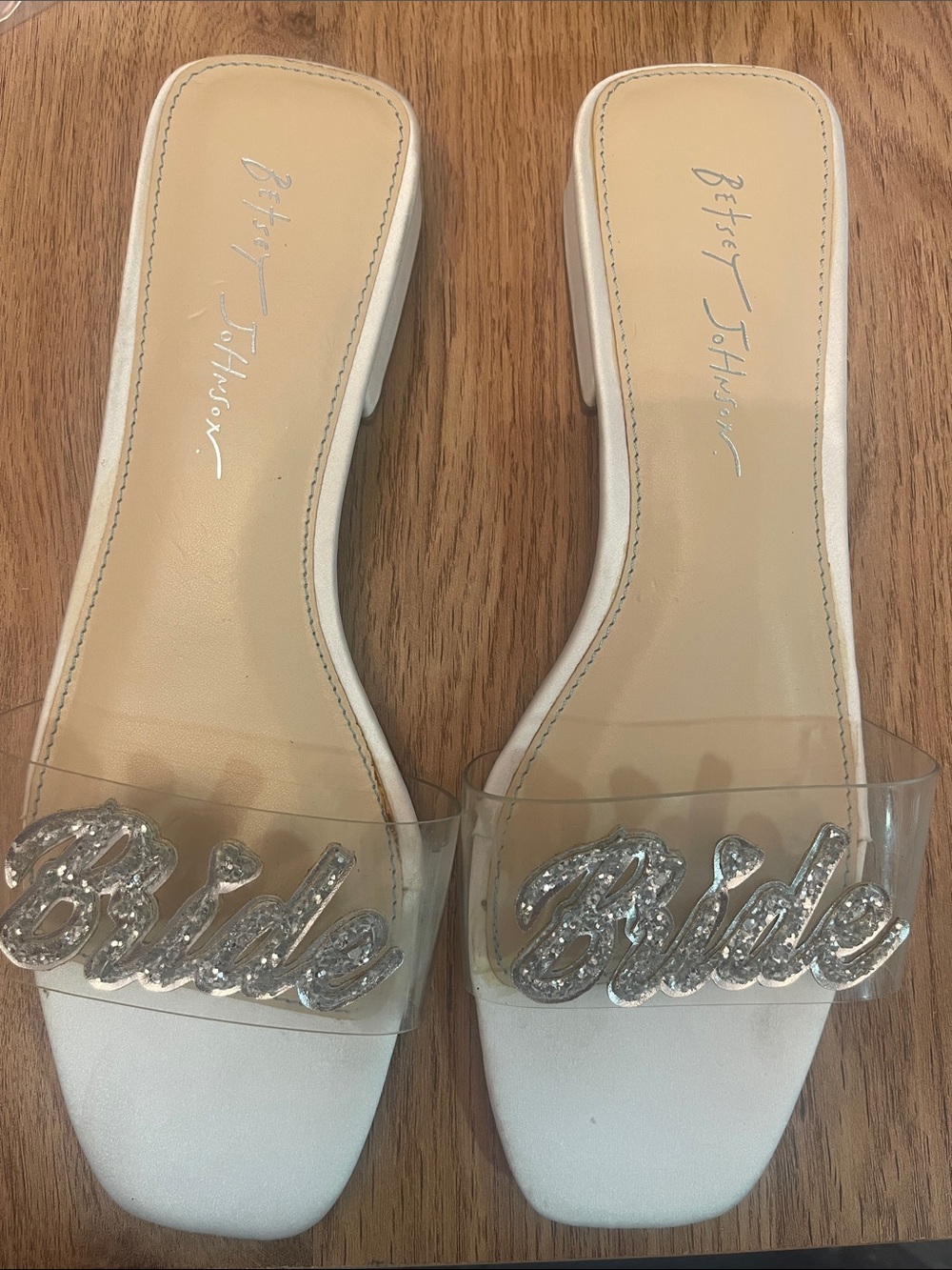 Betsey Johnson White Clear 'Bride' Rhinestone Slide Mules